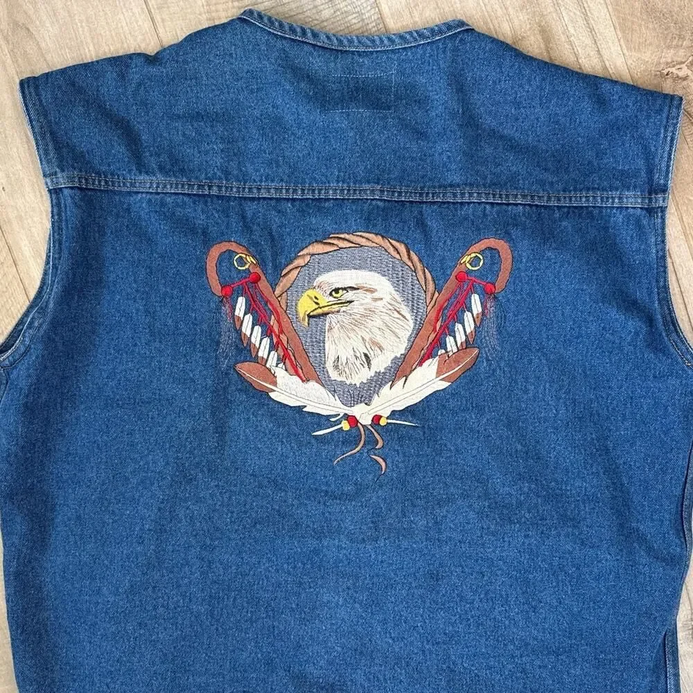 Vintage Native American Bald Eagle Jean Jacket Vest Mens 3XL - Picture 2 of 7